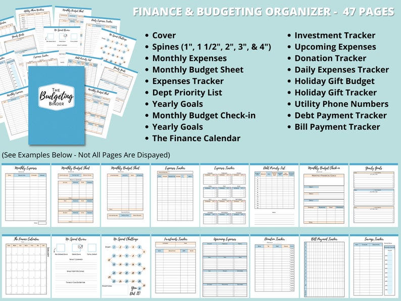 May include: A printable budgeting binder with 47 pages, including a cover, spines, monthly expenses, monthly budget sheet, expenses tracker, department priority list, yearly goals, monthly budget check-in, yearly goals, and a finance calendar. The binder also includes pages for investment tracker, upcoming expenses, donation tracker, daily expenses tracker, holiday gift budget, holiday gift tracker, utility phone numbers, debt payment tracker, and bill payment tracker.