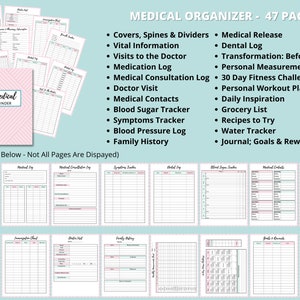 May include: A pink and green medical binder with the text "Medical Binder" on the cover. The binder includes 47 pages with various medical logs, trackers, and charts. Some of the pages include: Medical Release, Dental Log, Transformation: Before/After, Personal Measurements Chart, 30 Day Fitness Challenge, Personal Workout Plan, Daily Inspiration, Grocery List, Recipes to Try, Water Tracker, Journal; Goals & Rewards, Vital Information, Visits to the Doctor, Medication Log, Medical Consultation Log, Doctor Visit, Medical Contacts, Blood Sugar Tracker, Symptoms Tracker, Blood Pressure Log, and Family History.