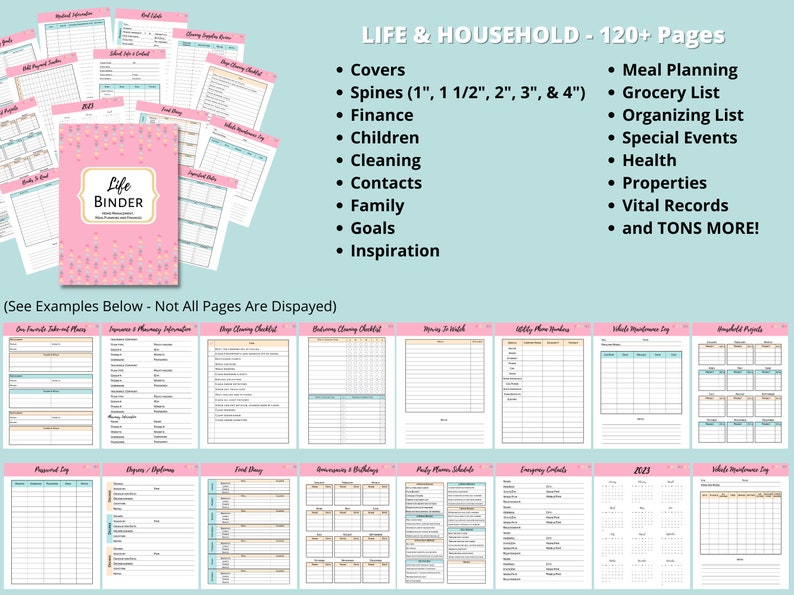 May include: A pink and white printable binder with the text "Life Binder" on the cover. The binder includes pages for meal planning, grocery lists, organizing, special events, health, properties, vital records, and more. The image shows examples of some of the pages included in the binder.