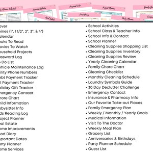 May include: A pink and white planner with sections for a cover, calendar, and to-do list, alongside school activities and a grocery list. The planner includes spines sized 2.5cm, 3.8cm, 5cm, 7.6cm, and 10cm. It also features sections for home improvements.
