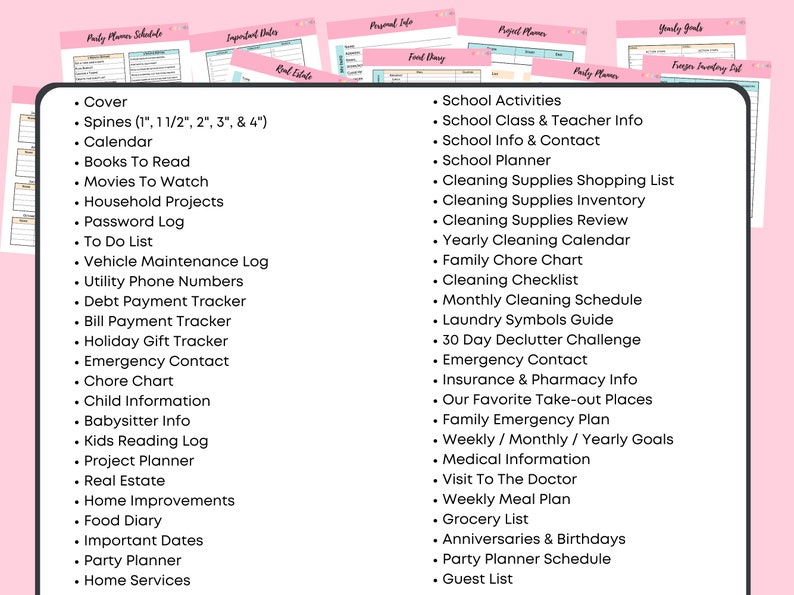 May include: A pink and white planner with sections for a cover, calendar, and to-do list, alongside school activities and a grocery list. The planner includes spines sized 2.5cm, 3.8cm, 5cm, 7.6cm, and 10cm. It also features sections for home improvements.