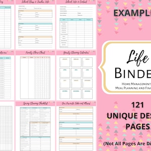 May include: A pink and white Life Binder with 121 unique design pages for home management, meal planning, and finances. Includes examples of reading logs, school info, cleaning checklists, and more. The text "EXAMPLES" is at the top.