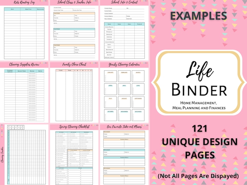 May include: A pink and white Life Binder with 121 unique design pages for home management, meal planning, and finances. Includes examples of reading logs, school info, cleaning checklists, and more. The text "EXAMPLES" is at the top.
