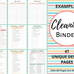 K&ouml;nnte beinhalten: Ein farbenfroher, druckbarer Reinigungsordner mit 47 einzigartigen Designseiten. Der Einband zeigt einen rosa-blauen gestreiften Hintergrund mit dem Text "Cleaning Binder" in einem wei&szlig;en Kreis. Der Text "Beispiele" befindet sich in der oberen rechten Ecke des Bildes. Der Text "47 einzigartige Designseiten" befindet sich in der unteren rechten Ecke des Bildes. Der Text "(Nicht alle Seiten werden angezeigt)" befindet sich in der unteren linken Ecke des Bildes.