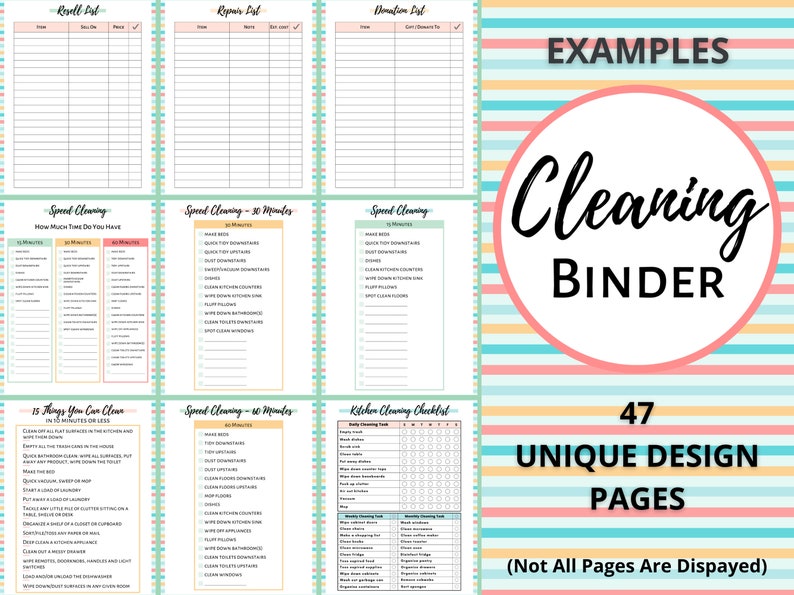 K&ouml;nnte beinhalten: Ein farbenfroher, druckbarer Reinigungsordner mit 47 einzigartigen Designseiten. Der Einband zeigt einen rosa-blauen gestreiften Hintergrund mit dem Text "Cleaning Binder" in einem wei&szlig;en Kreis. Der Text "Beispiele" befindet sich in der oberen rechten Ecke des Bildes. Der Text "47 einzigartige Designseiten" befindet sich in der unteren rechten Ecke des Bildes. Der Text "(Nicht alle Seiten werden angezeigt)" befindet sich in der unteren linken Ecke des Bildes.