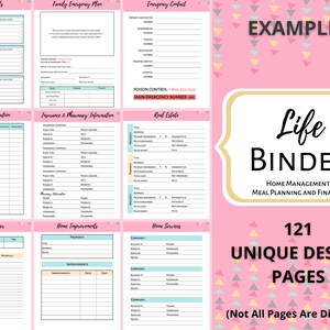 May include: A pink and white Life Binder with various planning pages. The binder includes sections for weekly goals, emergency contacts, medical information, and real estate. The text "121 UNIQUE DESIGN PAGES" is also visible.