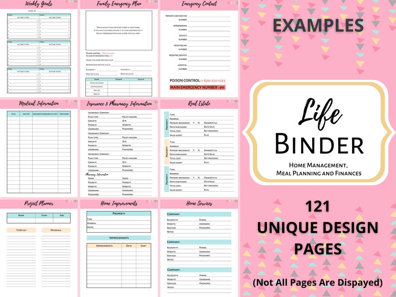 May include: A pink and white Life Binder with various planning pages. The binder includes sections for weekly goals, emergency contacts, medical information, and real estate. The text "121 UNIQUE DESIGN PAGES" is also visible.