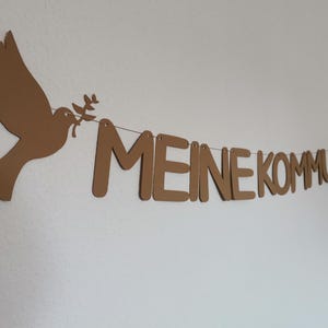 PERSONALISIERBARE Girlande Meine Kommunion Wimpel Taube Kirche Katholisch Feier Fest Schnur Karte Kraftkarton NEUES Design Deko Dekoration