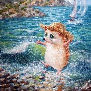 erizo en el mar, lindo erizo de vacaciones, tarjeta postal personalizada, regalo de amante, regalo único, erizo postal, poscruzamiento