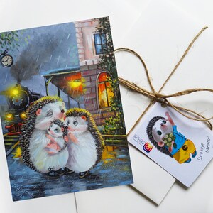 illustration de carte postale, famille de hérissons à la gare, jolie illustration, voir d'autres oeuvres d'art dans ma boutique