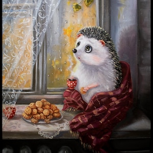 Carte postale avec un hérisson mignon près de la fenêtre, carte postale d'automne, carte postale de hérisson, postcrossing