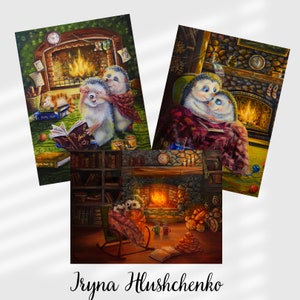 Leuke egel kerstkaart. Grappige kerstkaartenset van drie, Hedgehog Sweet Home, Lovers by the Fireplace