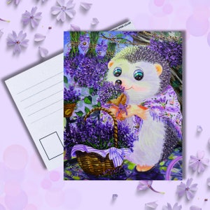 Hérisson mignon à la lavande, carte de remerciement, carte d'amant de lavande, postcrossing