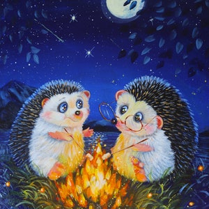 Deux hérissons mignons neitar the fire, illustration originale pour impression carte postale, impression impression, impression sur toile