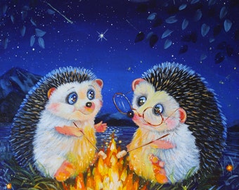 Two cute hedgehogs neitar the fire, original illustration for postcard print, print print, canvas print