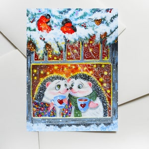 Tarjeta navideña, postal de cuento de hadas de invierno, postal de erizos, postal de erizo en invierno, postal para enamorados, regalo de navidad