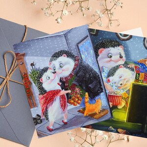 Eine romantische Karte, Set mit 2 Postkarten, Postkarten für Verliebte, süße Igel, Weihnachtskarten