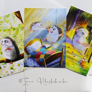 Lindo conjunto de postales de erizos, Postales, Conjunto de tarjetas, Paquete de tarjetas, Paquetes de postales, Conjunto de tres postales, Postal ilustrada, Postcrossing