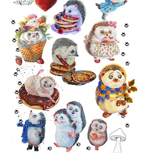 May include: A collection of watercolour illustrations featuring cute hedgehogs in various activities, including eating pancakes, ice cream, and doughnuts. The illustrations are surrounded by black paw prints and the artist's signature, "Iryna Hlushchenko".