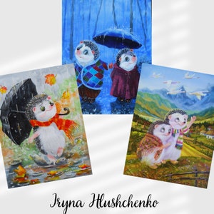Conjunto de 3 cartões postais de ouriço, lindo conjunto de cartões postais personalizados, cartão postal de feliz aniversário, cartão postal guarda-chuva, cartão de outono