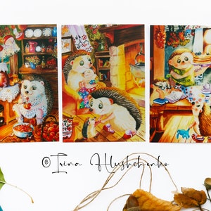 Postales de arte ilustradas de cuento de hadas, animales del bosque, lindos erizos, conjunto de postales con animales, regalo para amante de los animales, postcrossing