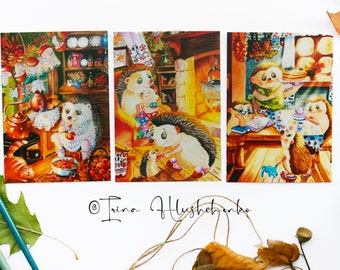 Sprookjesachtige geïllustreerde kunstkaarten, bosdieren, schattige egels, set ansichtkaarten met dieren, cadeau voor dierenliefhebber, postcrossing