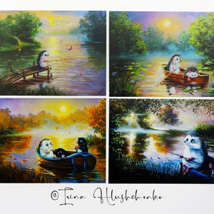 Carte postale de pêche, carte postale de rivière, amateur de bateaux, cadeau d'amant de pêche, cadeau de hérissons, taupes, cartes postales de paysages, lot de 4 cartes postales de hérisson