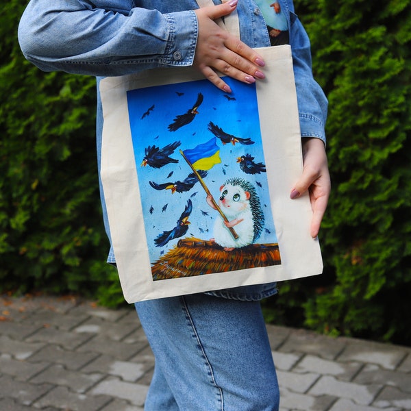 Organic cotton Bag, Canvas Tote Bag, Shopping Bag, Art Tote Bag, gift for hedgehogs lovers, forest animals, Ukrainian bag, Ukrainian art