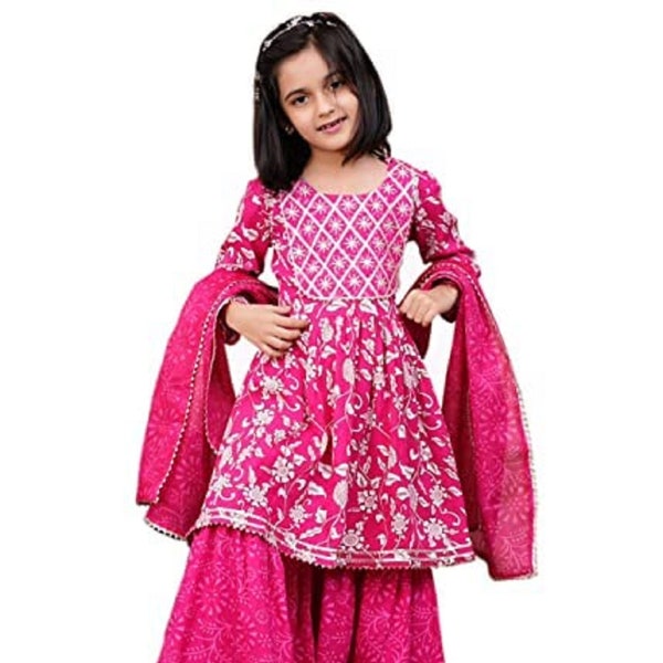 Pink Baby Girl Rayon Kurta set for Girls Kurta Sharara Dupatta set Daughter Dresses for Kids Readymade Beautiful Ethnic Dress Kurtis Pant