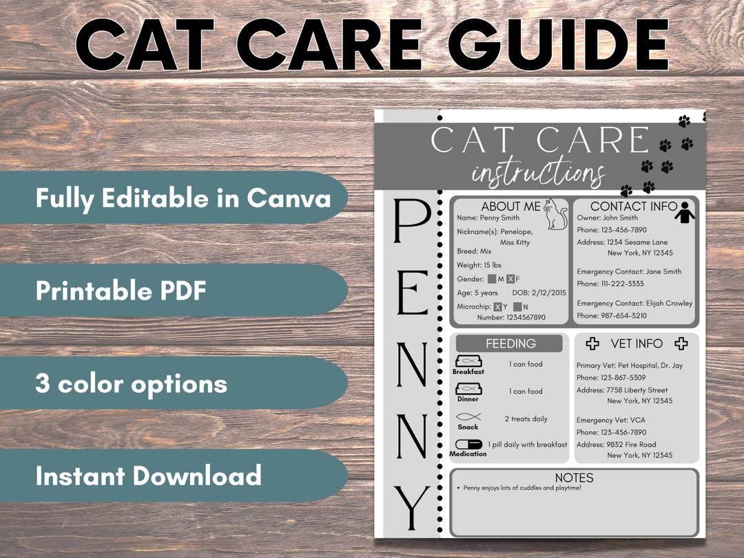 Cat Sitter Instructions Guide | Pet Sitter Notes | Pet Care Information ...