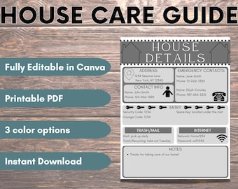 House Sitter Instructions Guide | House Notes | House Care Information | Home Organization | House Sitter Printable PDF | House Template