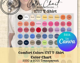 May include: Color chart for Comfort Colors 1717 T-shirts, featuring a variety of colors like black, white, red, and navy. The chart includes a sunflower logo and text that reads "Edit in Canva".