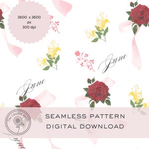 Sömlöst mönster med blommor i junifödelse: Ros och kaprifol, kokettband (digital nedladdning PNG)