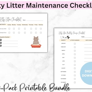 May include: Two printable checklists for kitty litter maintenance. The first checklist is a weekly checklist with activities like scooping litter and sweeping the floor. The second checklist is a monthly checklist for changing the litter. Both checklists feature cute cartoon cats.