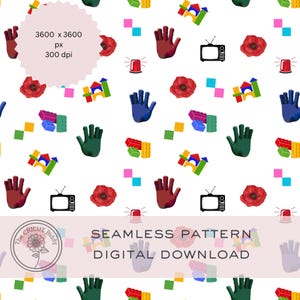 Könnte beinhalten: Nahtloses Muster mit bunten Handformen, Spielzeugblöcken, roten Mohnblumen, einem Retro-TV und einer roten Sirene auf weißem Hintergrund. Der Text "SEAMLESS PATTERN DIGITAL DOWNLOAD" ist ebenfalls enthalten.