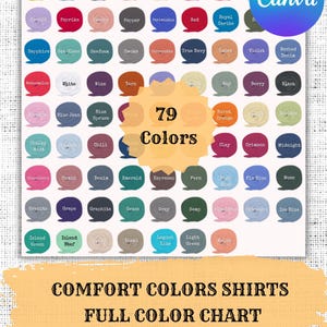 May include: A color chart featuring 79 colors, including shades like Mustard, Navy, and Emerald. The image includes the text "COMFORT COLORS SHIRTS FULL COLOR CHART Editable in Canva."