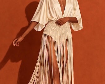 Nomad Fringe Skirt Multicolor, Boho Macrame Fringe Skirt, Festival Beach Cover Up, Resort Wear, Polyester Knit