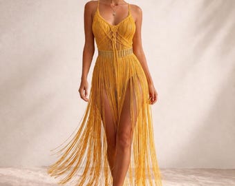 Helia Dress, Gold Color Option,Boho Fringe Dress, Macrame Festival Dress, Beach Cover Up, Handmade Crochet Dress, Summer Bohemian Out