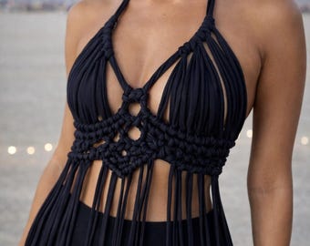 Vestido preto com franjas para o Burning Man, vestido preto com franjas em macramê – Roupa artesanal para festivais