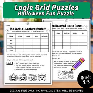 Halloween Logic Grid Puzzles, 20 Easy Logic Worksheets for Kids, 2nd & 3rd Grade Critical Thinking