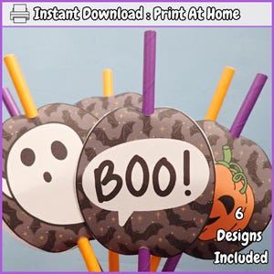 May include: Six printable Halloween-themed designs for straw flags. The designs include a ghost, a pumpkin, and a speech bubble with the word "BOO!" printed on it. The designs are printed on a black background with bats and stars.
