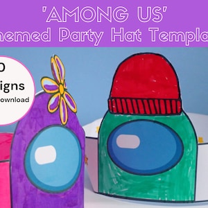 Può includere: Modelli di cappelli per feste a tema 'Among Us' stampabili. L'immagine mostra 10 design, tra cui un personaggio viola con un fiore sulla testa, un personaggio verde con un cappello rosso e un personaggio rosa con una stella sulla testa.