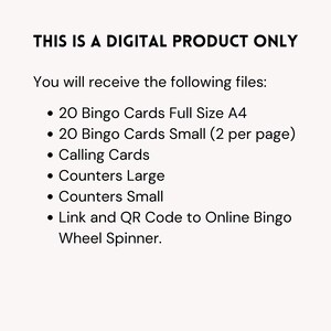 May include: A digital product listing for a bingo game. The listing includes 20 bingo cards in full size A4, 20 bingo cards in small size (2 per page), calling cards, counters in large and small sizes, and a link and QR code to an online bingo wheel spinner.