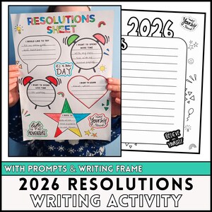 Activités de résolution du Nouvel An 2026 pour les enfants | Feuilles de travail de planification des objectifs/aspirations et cadre d'écriture 2026 pour les résolutions du Nouvel An des enfants.