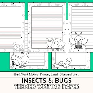 Insects And Bugs Lined Writing Paper For Kids | Primary, Narrow Lines | Picture Box & Lines School Stationary