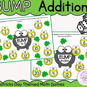 May include: Two printable St. Patrick's Day themed math game boards. The first board is for addition and the second board is for doubling numbers. Both boards feature a cartoon frog with shamrocks and numbers. The text on the first board says "Bump Addition + to 12" and the text on the second board says "Bump Doubles".