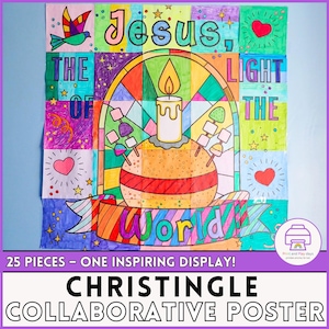 Peut inclure: Une affiche collaborative colorée avec les mots "Jésus, Lumière du Monde" et "Affiche collaborative Christingle". L'image présente un motif de style vitrail avec une bougie, des cœurs et une colombe. L'affiche est composée de 25 pièces.