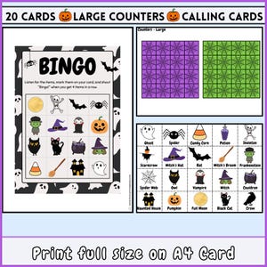 May include: A printable Halloween bingo game with 20 cards and large counters. The bingo card features a black and white background with images of Halloween characters and objects. The calling cards feature a black and white background with images of Halloween characters and objects. The text on the bingo card reads "Bingo! Listen for the items, mark them on your card, and shout "Bingo!" when you get 4 items in a row."