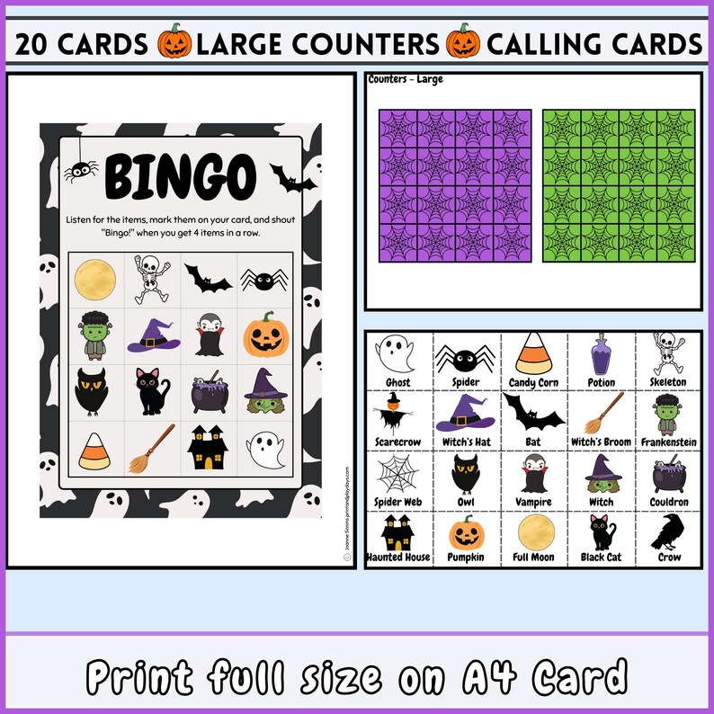 May include: A printable Halloween bingo game with 20 cards and large counters. The bingo card features a black and white background with images of Halloween characters and objects. The calling cards feature a black and white background with images of Halloween characters and objects. The text on the bingo card reads "Bingo! Listen for the items, mark them on your card, and shout "Bingo!" when you get 4 items in a row."
