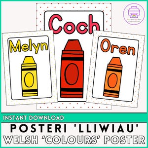 Pósteres de exposición de 'colores' en galés / Posteri LLiwiau / Pósteres educativos en galés para el aula o el hogar